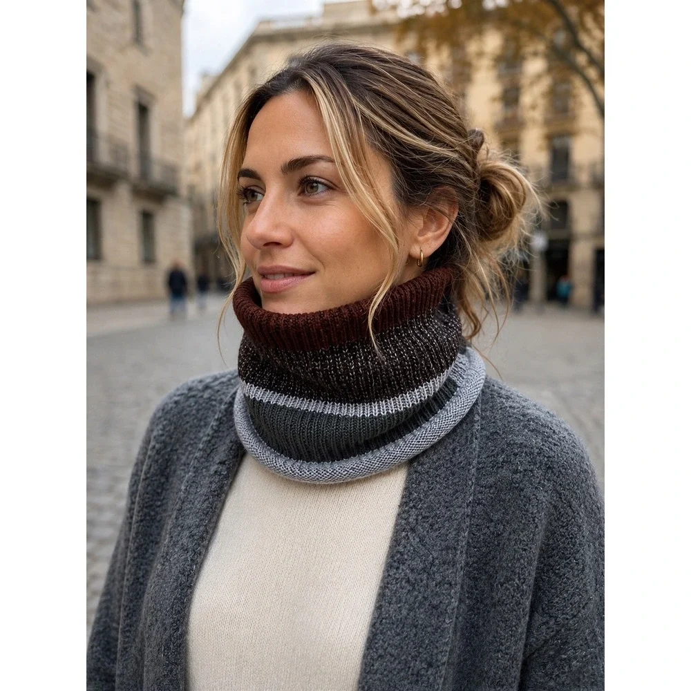 Angora Barcelona Striped Knit Neck Warmer Snood Brown Grey Made in Spain cozy